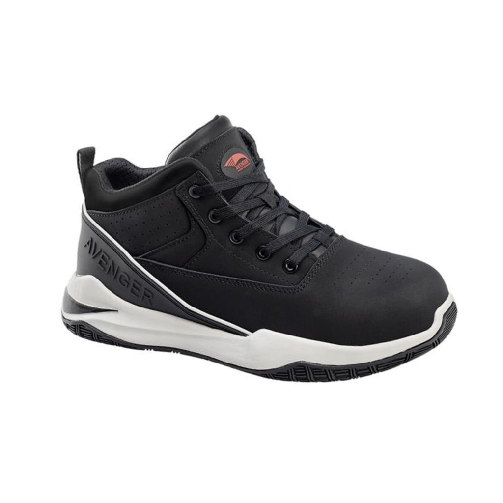 Side view of the Avenger Men’s Reaction Mid Aluminum Toe Boot in Black featuring a rugged full-grain leather upper, mid-height boot design, ASTM-rated aluminum safety toe, cushioned EVA midsole, padded collar, and oil- & slip-resistant outsole designed for demanding work environments.