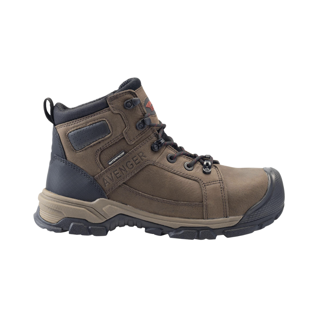 Avenger Men’s Ripsaw Aluminum Toe Boot in Brown featuring a rugged full-grain leather upper, durable work boot design, ASTM-rated aluminum safety toe, waterproof construction, cushioned insole, padded collar and tongue, and oil- and slip-resistant rubber outsole built for demanding job sites and industrial environments.