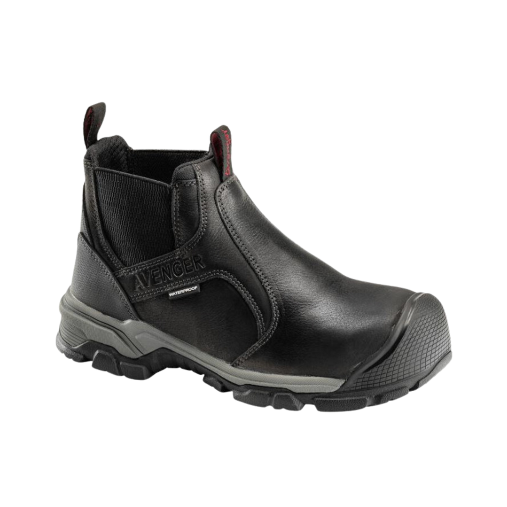 Avenger Men’s Ripsaw Romeo Slip-On Aluminum Toe Boot in Black featuring a rugged full-grain leather upper, easy slip-on Romeo design, ASTM-rated alloy safety toe, waterproof membrane lining, dual-density PU insole, and oil- and slip-resistant rubber outsole built for demanding work environments.