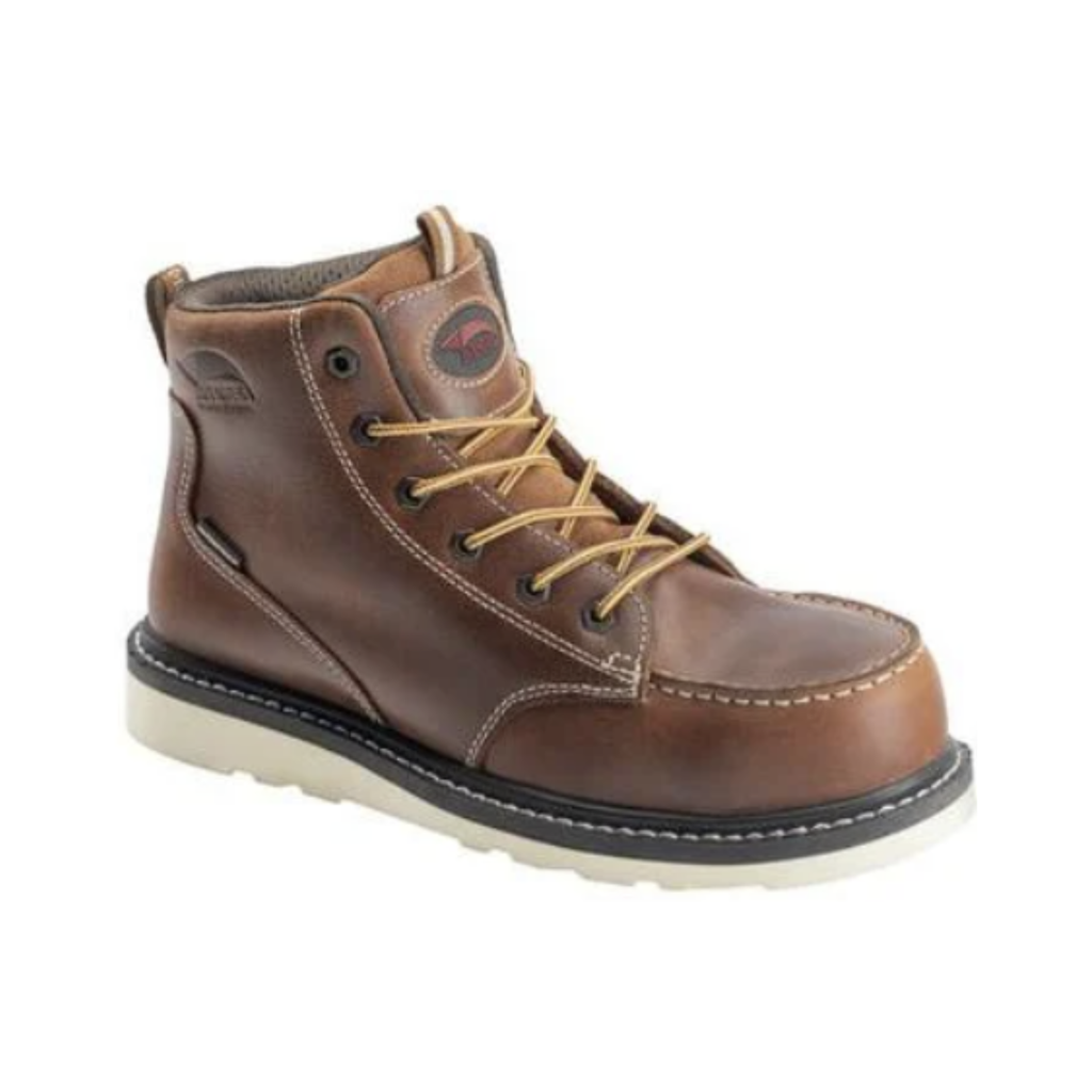 Avenger Men’s Wedge Moc Carbon Nano Toe Boot in Tobacco featuring a classic moc toe work boot silhouette, premium full-grain leather upper, lightweight ASTM-rated carbon nano safety toe, Goodyear welt construction, cushioned PU insole, and wedge rubber outsole designed for comfort on demanding work surfaces.