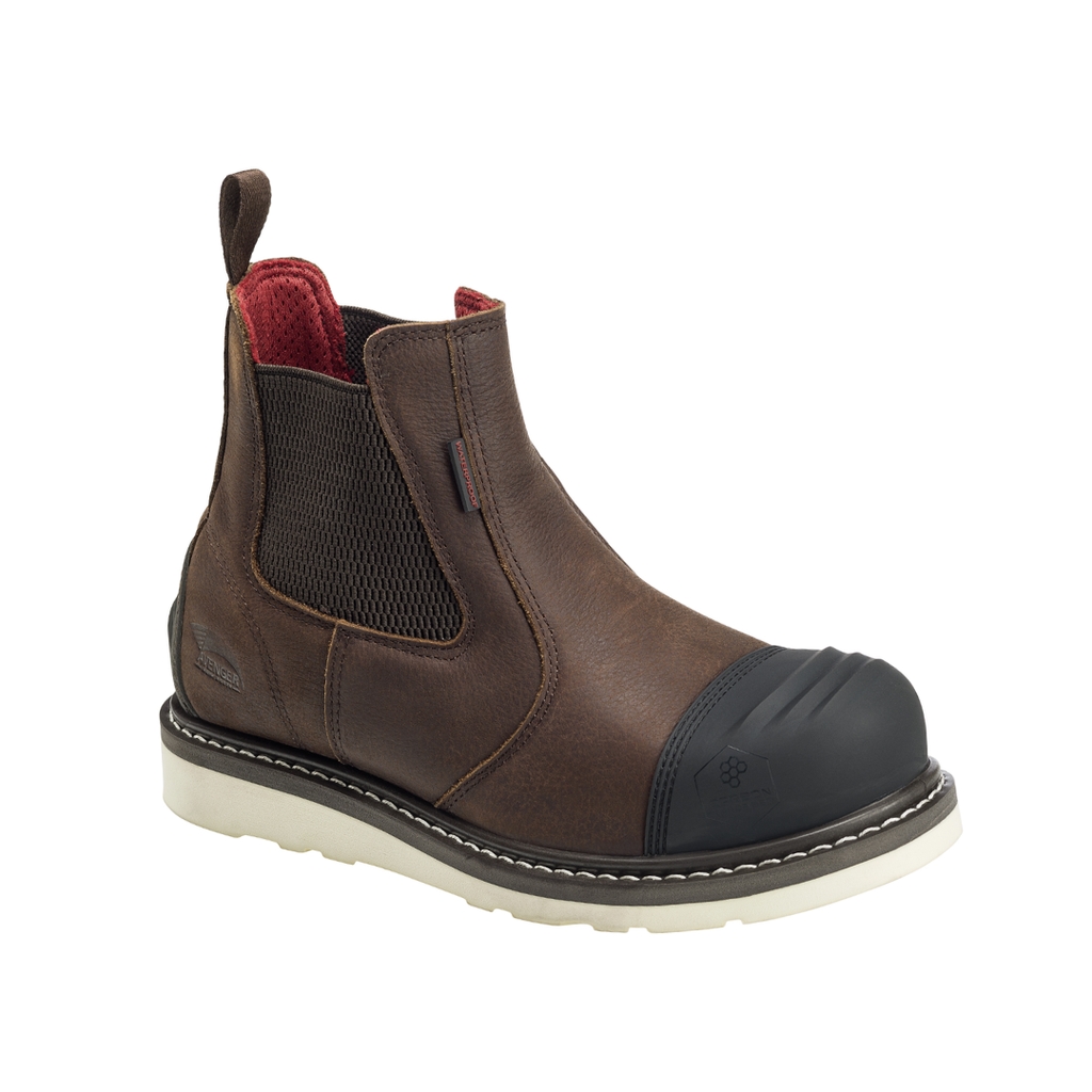 Avenger Men’s Wedge Romeo 6" Waterproof Carbon Toe Boot in Brown featuring a rugged full-grain leather upper, convenient Romeo slip-on design, lightweight ASTM-rated carbon nanofiber safety toe, removable dual-density insole, Flex-Welt construction, and slip-resistant wedge outsole designed for demanding work environments.