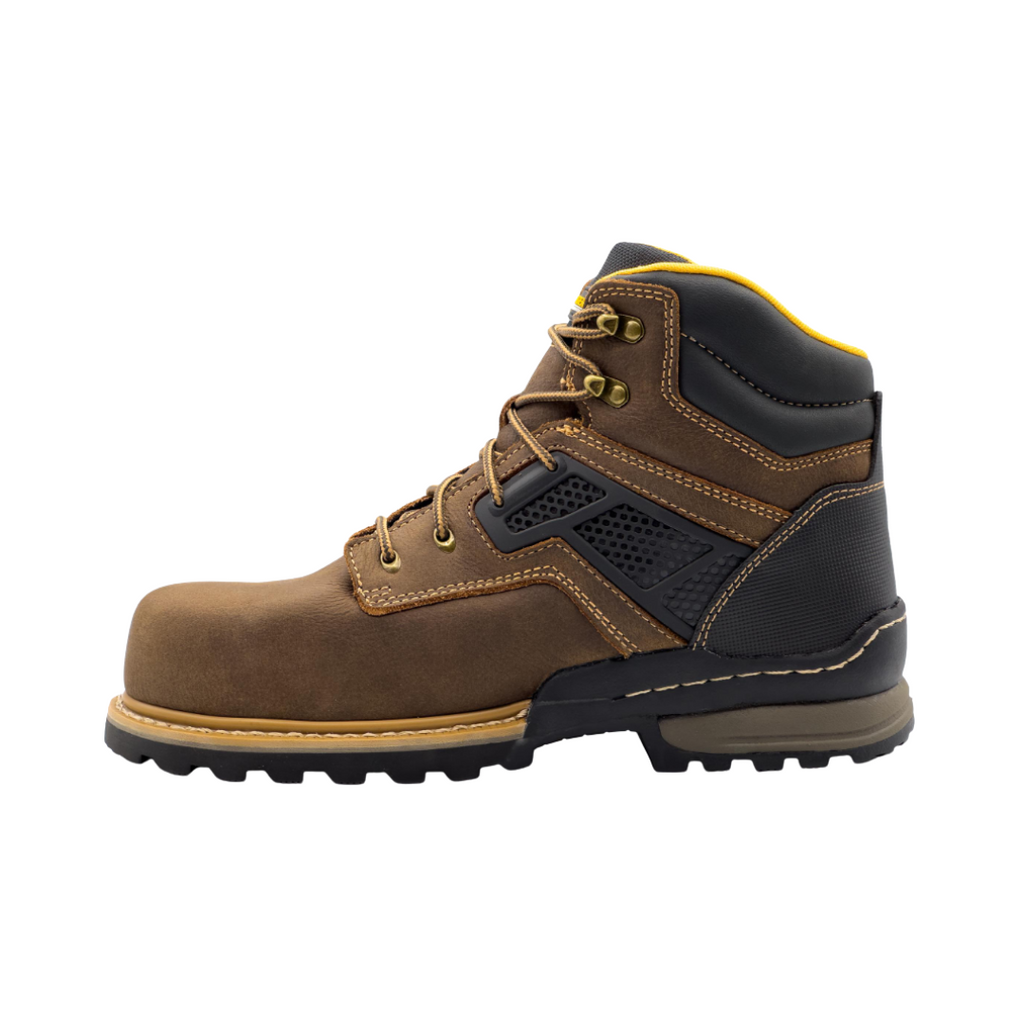 Avenger Men’s A-Max Dozer Composite Toe Boot in Brown featuring a rugged water-resistant leather upper, 6-inch work boot design, lightweight composite safety toe, removable cushioned footbed, and oil- and slip-resistant rubber outsole built for construction, warehouse, and industrial work environments.