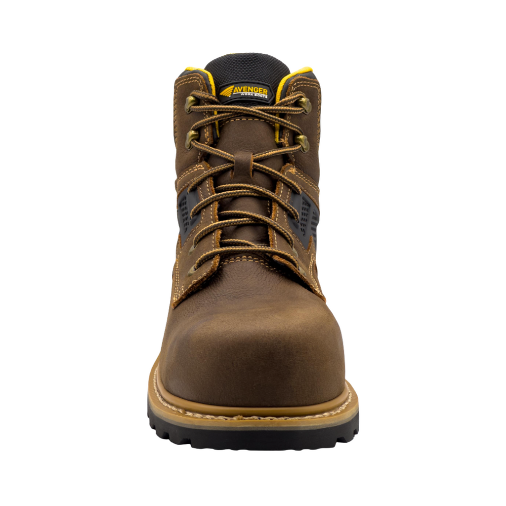 Front view of the Avenger Men’s A-Max Dozer Composite Toe Boot in Brown showcasing the protective ASTM-rated composite toe, durable leather construction, reinforced toe protection, and designed to provide comfort, safety, and additional forefoot space during demanding workdays.