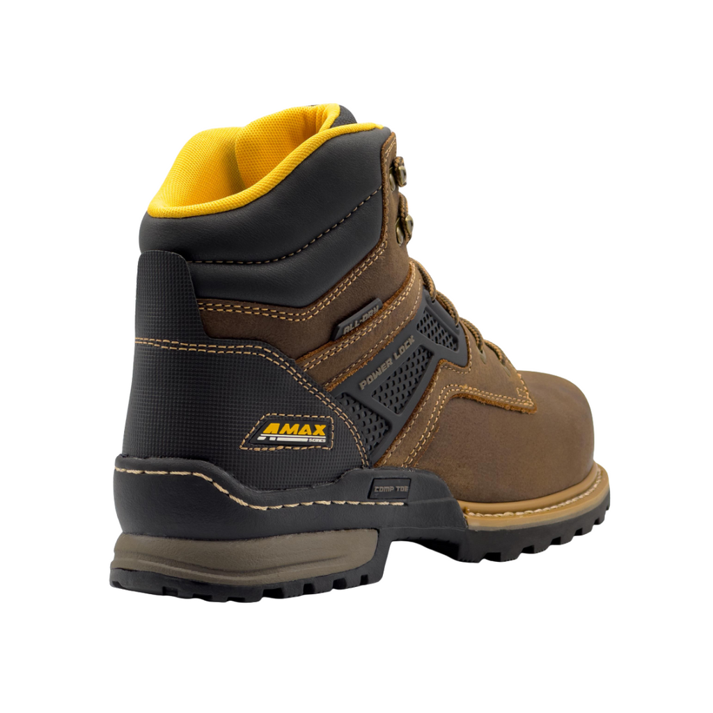 Back heel view of the Avenger Men’s A-Max Dozer Composite Toe Boot in Brown highlighting the supportive ankle-height design, durable heel construction, electrical hazard protection, and stable outsole platform for enhanced support and confidence on job sites.