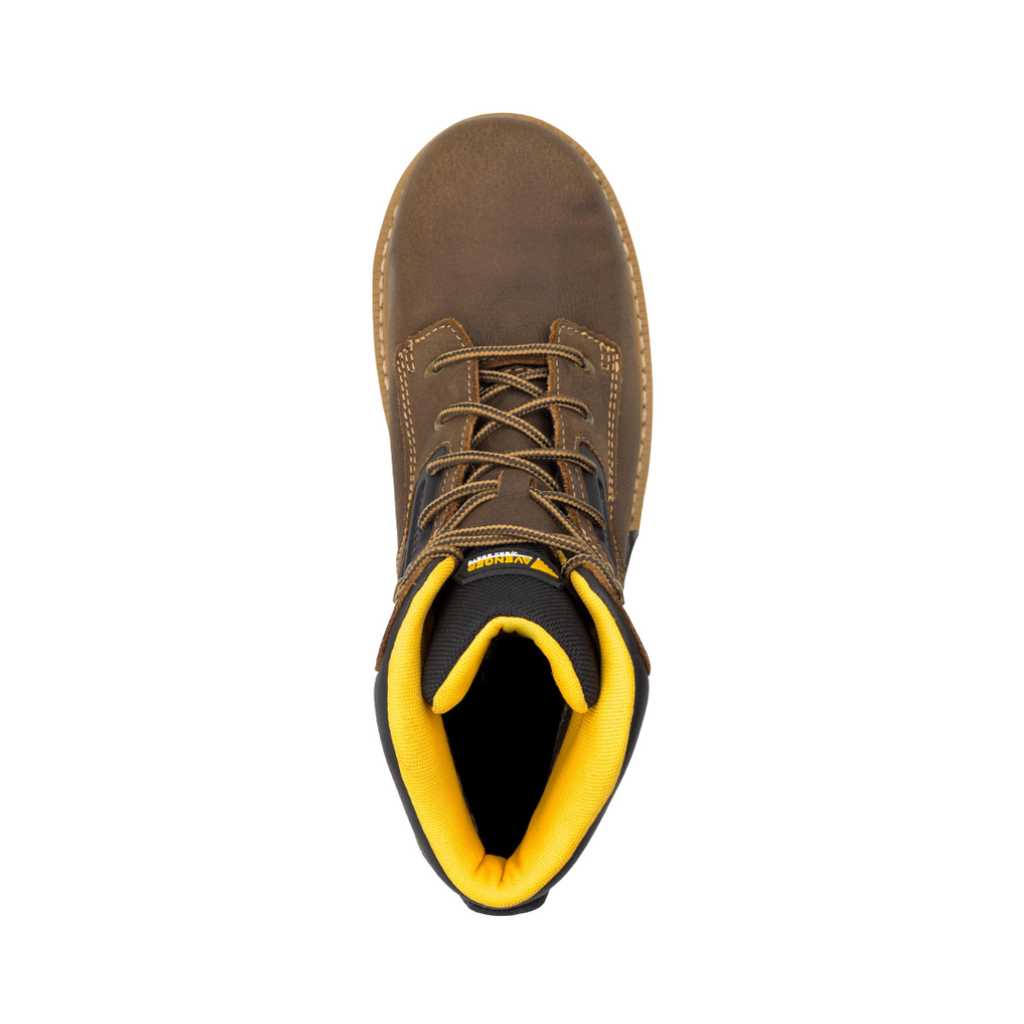 Top view of the Avenger Men’s A-Max Dozer Composite Toe Boot in Brown displaying the water-resistant leather upper, secure lace-up closure, padded collar, protective interior, and removable cushioned footbed designed for arch support, shock absorption, and custom orthotic compatibility.