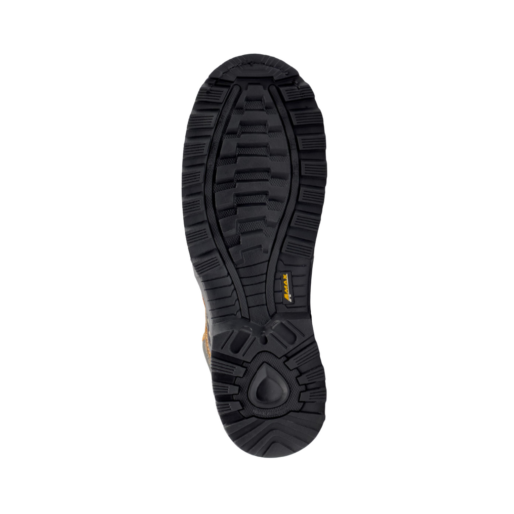 Bottom outsole view of the Avenger Men’s A-Max Dozer Composite Toe Boot in Brown featuring the oil- and slip-resistant rubber tread, puncture-resistant plate, durable traction pattern, and lightweight construction designed to provide stability and support for conditions such as plantar fasciitis, heel pain, flat feet, mild overpronation, joint pain, knee pain, ankle instability, sensitive feet, and general foot fatigue.