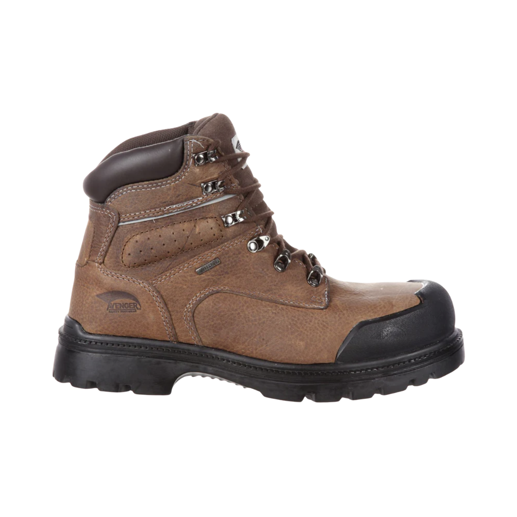 Men’s Avenger A7258 6" Waterproof Steel Toe Boot in Brown featuring a rugged full-grain leather upper, 6-inch work boot design, reinforced toe and heel guards, steel safety toe protection, removable cushioned PU footbed, and oil- and slip-resistant outsole built for demanding job sites.