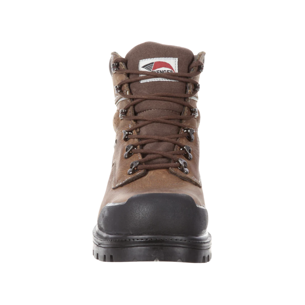 Front view of the Men’s Avenger A7258 6" Waterproof Steel Toe Boot in Brown showcasing the protective steel toe cap, durable waterproof leather construction, reinforced abrasion-resistant toe guard, and supportive fit designed for construction, industrial, and outdoor work environments.