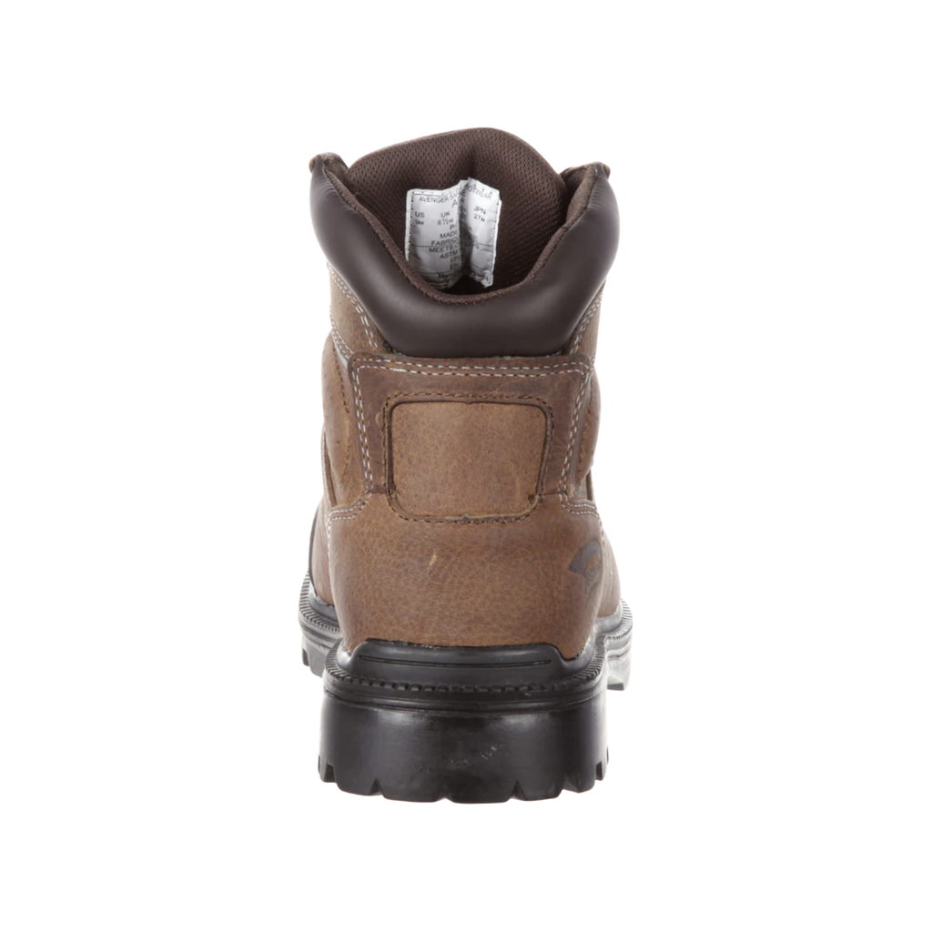 Back heel view of the Men’s Avenger A7258 6" Waterproof Steel Toe Boot in Brown highlighting the supportive ankle-height design, reinforced heel protection, durable waterproof materials, and stable outsole construction for long workdays and challenging terrain.