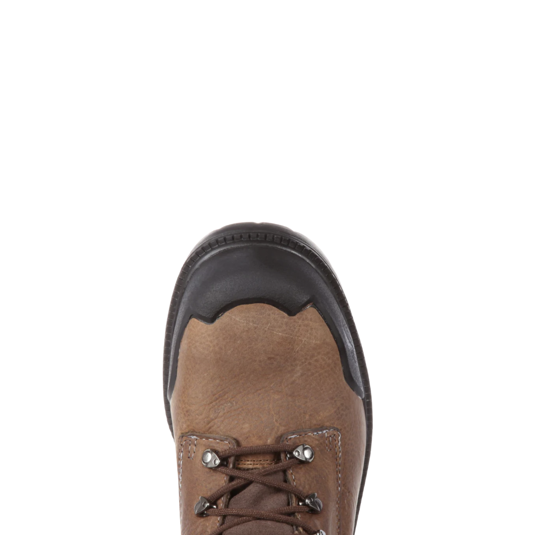 Top view of the Men’s Avenger A7258 6" Waterproof Steel Toe Boot in Brown displaying the full-grain leather upper, padded collar, secure lace-up closure, protective interior design, and removable PU footbed that provides cushioning and accommodates custom orthotics.