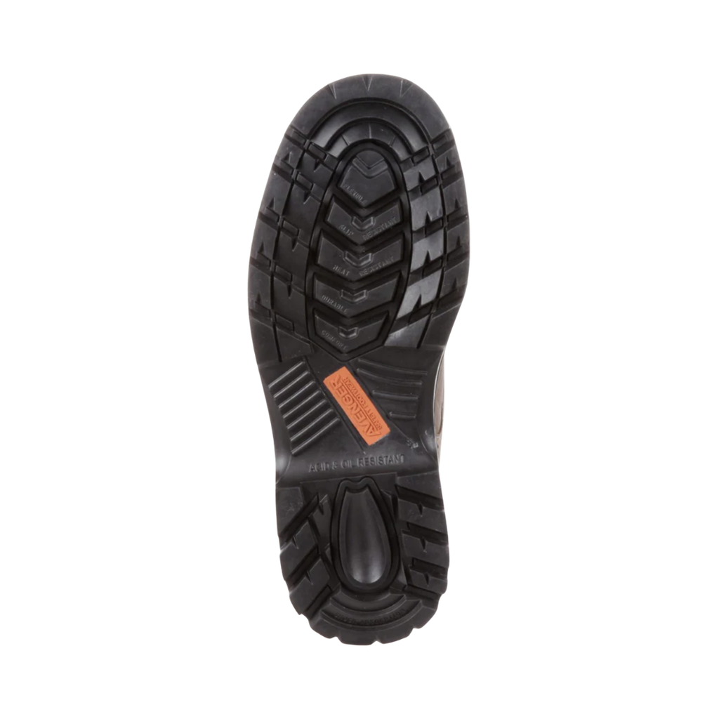 Bottom outsole view of the Men’s Avenger A7258 6" Waterproof Steel Toe Boot in Brown featuring the oil- and slip-resistant tread, puncture-resistant protection, durable traction pattern, and stable construction designed to support conditions such as plantar fasciitis, heel pain, arch discomfort, metatarsalgia, ankle fatigue, joint stress, and general foot fatigue.