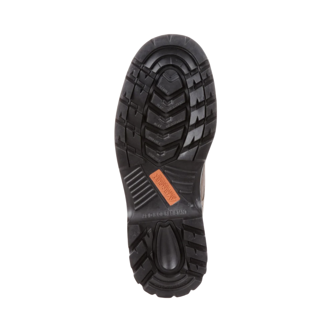 Bottom outsole view of the Men’s Avenger A7258 6" Waterproof Steel Toe Boot in Brown featuring the oil- and slip-resistant tread, puncture-resistant protection, durable traction pattern, and stable construction designed to support conditions such as plantar fasciitis, heel pain, arch discomfort, metatarsalgia, ankle fatigue, joint stress, and general foot fatigue.