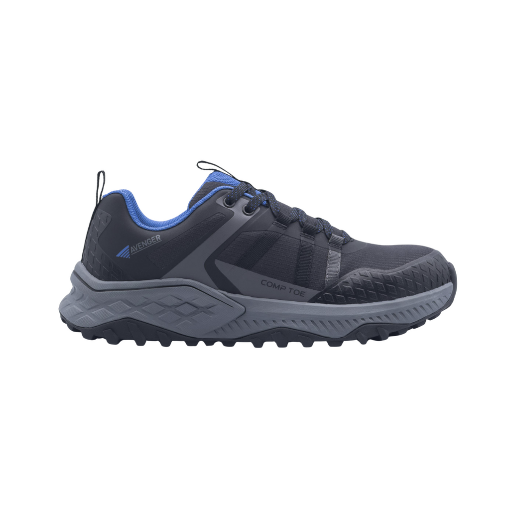 Avenger Men’s Aero Trail Composite Toe Athletic Shoe in Black/Blue featuring a sporty safety shoe design, breathable mesh upper with durable TPU overlays, ASTM-rated composite toe protection, cushioned EVA midsole, and slip-resistant rubber outsole for comfortable performance in demanding work environments.