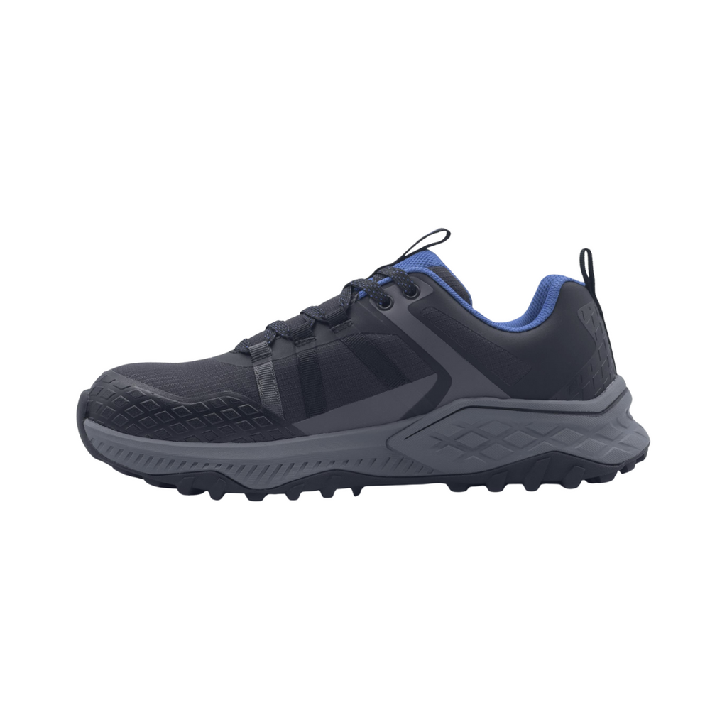 Avenger Men’s Aero Trail Composite Toe Athletic Shoe in Black/Blue featuring a sporty safety shoe design, breathable mesh upper with durable TPU overlays, ASTM-rated composite toe protection, cushioned EVA midsole, and slip-resistant rubber outsole for comfortable performance in demanding work environments.