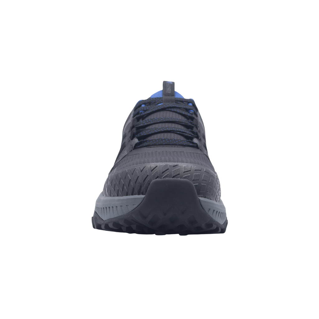 Front view of the Avenger Men’s Aero Trail Composite Toe Athletic Shoe in Black/Blue showcasing the lightweight composite safety toe, breathable mesh construction, reinforced toe protection, and athletic-inspired design built for job sites, warehouses, and active workdays.