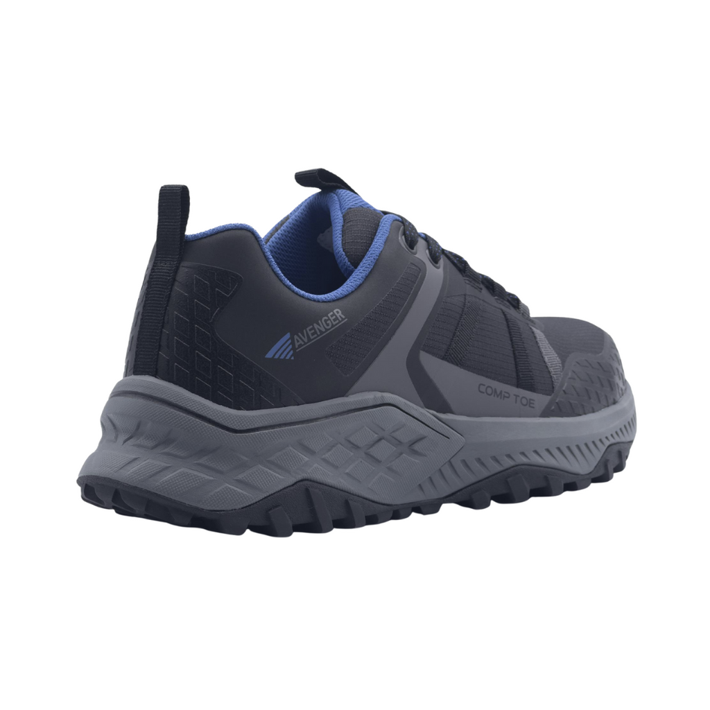 Back heel view of the Avenger Men’s Aero Trail Composite Toe Athletic Shoe in Black/Blue highlighting the supportive heel structure, padded collar, moisture-wicking mesh lining, and cushioned EVA midsole designed to reduce impact and improve all-day comfort.