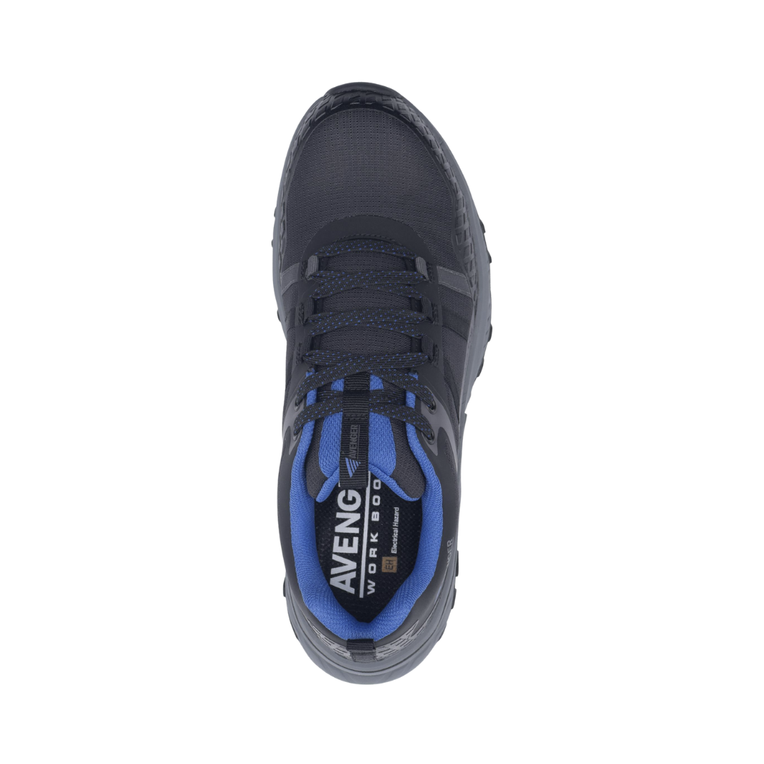 Top view of the Avenger Men’s Aero Trail Composite Toe Athletic Shoe in Black/Blue displaying the breathable mesh upper, secure lace-up design, TPU overlays for added durability, and metal-free construction ideal for security-sensitive workplaces.