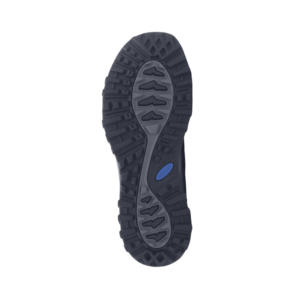 Bottom outsole view of the Avenger Men’s Aero Trail Composite Toe Athletic Shoe in Black/Blue featuring the slip-resistant rubber tread designed for traction on slick, oily, or uneven surfaces while providing stability and support for conditions such as plantar fasciitis, flat feet, overpronation, heel spurs, joint sensitivity, knee pain, and general foot fatigue.