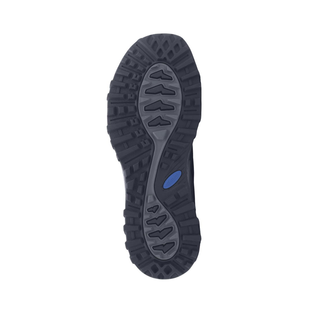 Bottom outsole view of the Avenger Men’s Aero Trail Composite Toe Athletic Shoe in Black/Blue featuring the slip-resistant rubber tread designed for traction on slick, oily, or uneven surfaces while providing stability and support for conditions such as plantar fasciitis, flat feet, overpronation, heel spurs, joint sensitivity, knee pain, and general foot fatigue.