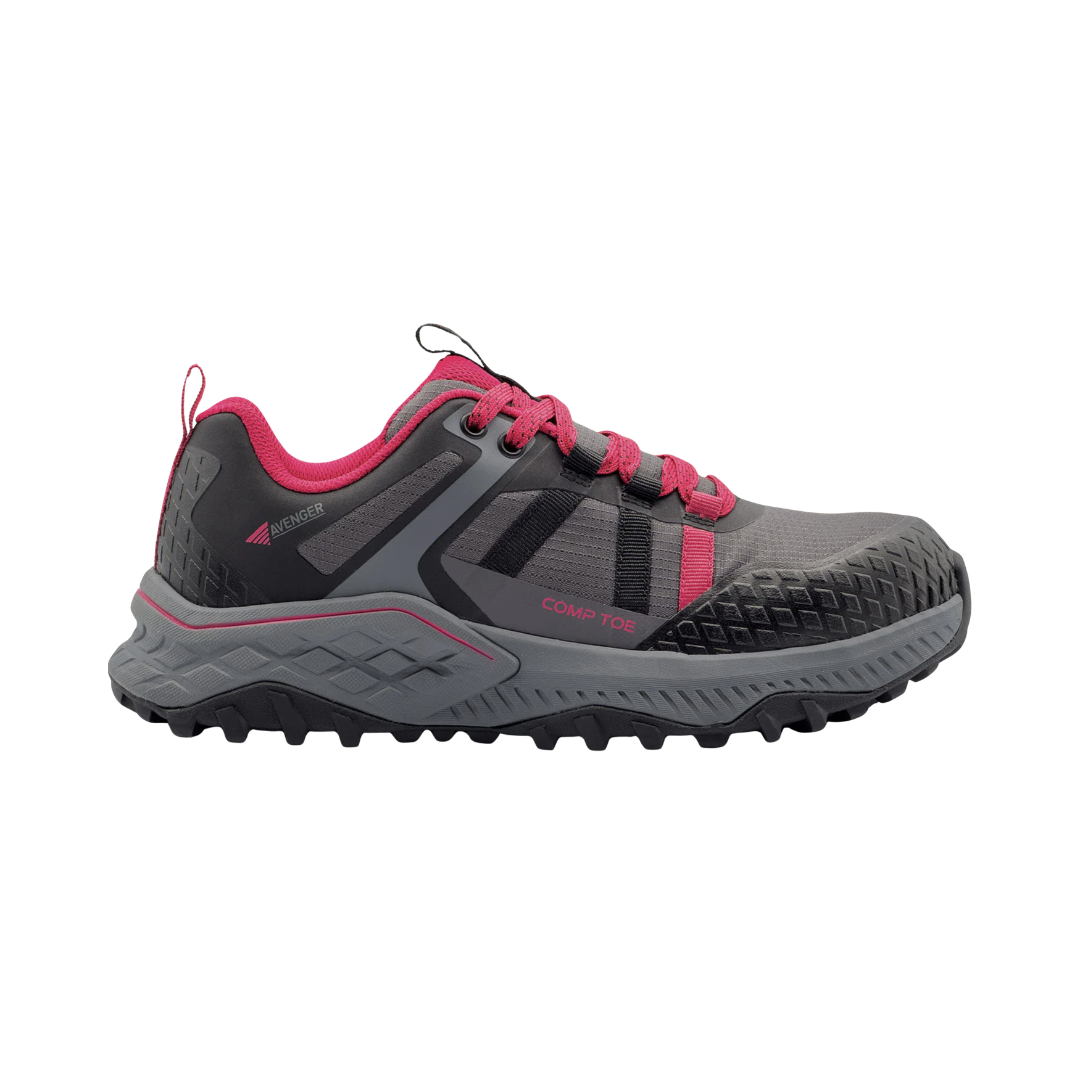 Avenger Women’s Aero Trail Composite Toe Athletic Shoe in Grey/Magenta featuring a sporty safety shoe design, breathable mesh upper with durable TPU overlays, ASTM-rated composite toe protection, cushioned EVA midsole, and slip-resistant rubber outsole for comfortable performance in demanding work environments.