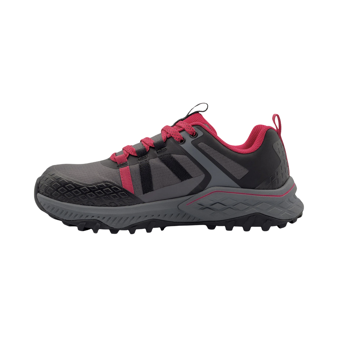 Avenger Women’s Aero Trail Composite Toe Athletic Shoe in Grey/Magenta featuring a sporty safety shoe design, breathable mesh upper with durable TPU overlays, ASTM-rated composite toe protection, cushioned EVA midsole, and slip-resistant rubber outsole for comfortable performance in demanding work environments.