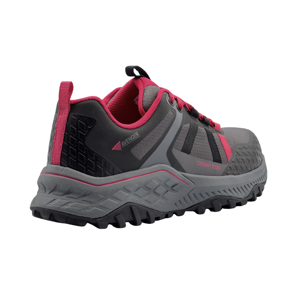Back heel view of the Avenger Women’s Aero Trail Composite Toe Athletic Shoe in Grey/Magenta highlighting the supportive heel structure, padded collar, moisture-wicking mesh lining, and cushioned EVA midsole designed to reduce impact and improve all-day comfort.