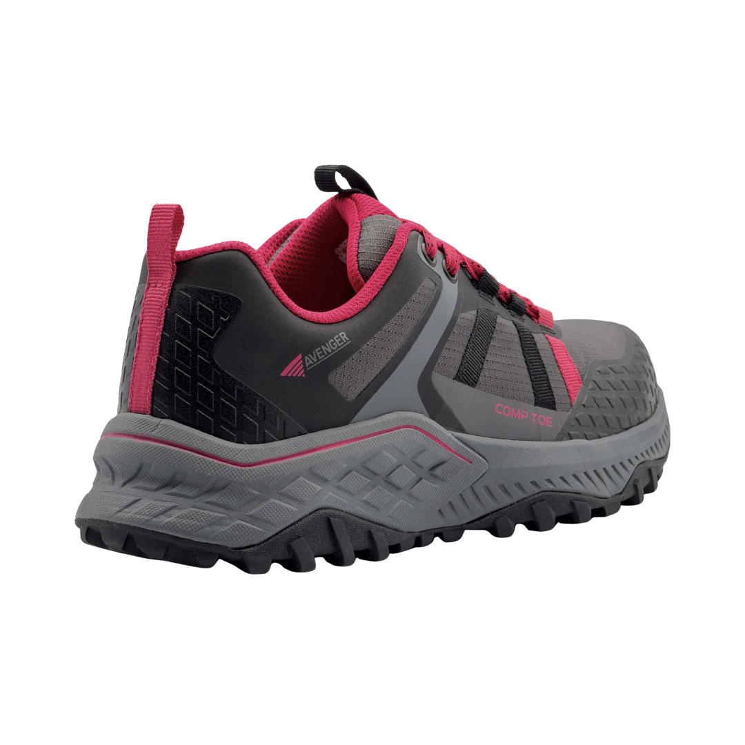 Back heel view of the Avenger Women’s Aero Trail Composite Toe Athletic Shoe in Grey/Magenta highlighting the supportive heel structure, padded collar, moisture-wicking mesh lining, and cushioned EVA midsole designed to reduce impact and improve all-day comfort.