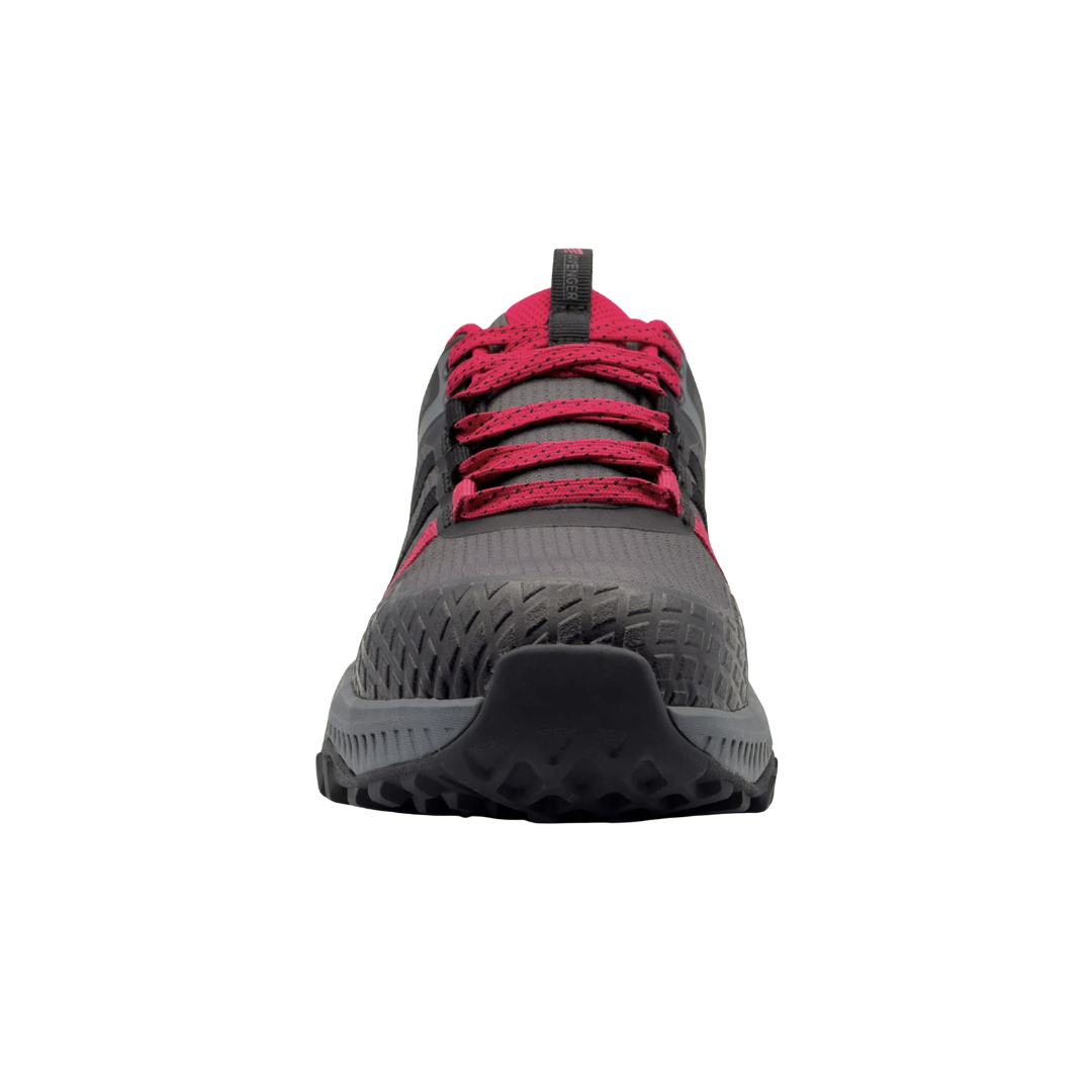 Front view of the Avenger Women’s Aero Trail Composite Toe Athletic Shoe in Grey/Magenta showcasing the lightweight composite safety toe, breathable mesh construction, reinforced toe protection, and athletic-inspired design built for job sites, warehouses, and active workdays.