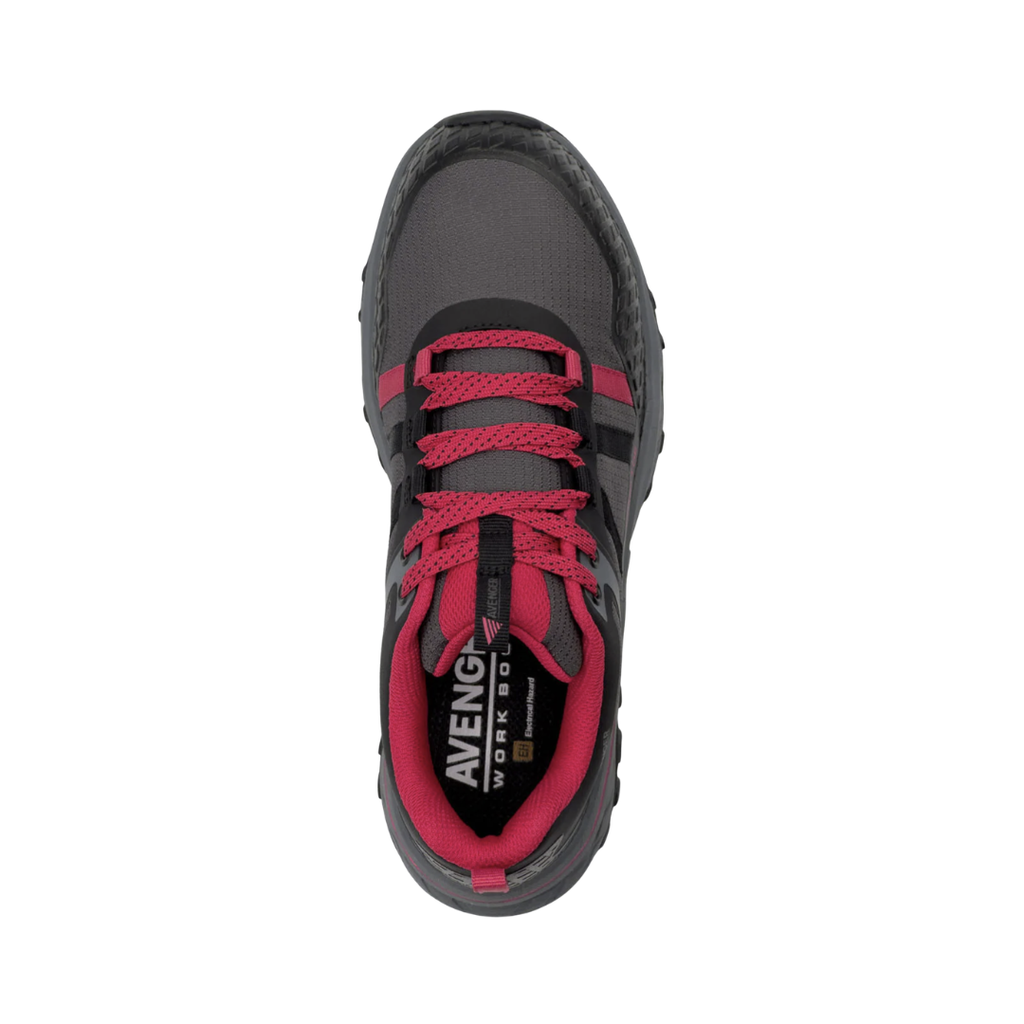 Top view of the Avenger Women’s Aero Trail Composite Toe Athletic Shoe in Grey/Magenta displaying the breathable mesh upper, secure lace-up design, TPU overlays for added durability, and metal-free construction ideal for security-sensitive workplaces.