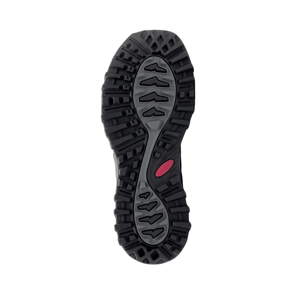 Bottom outsole view of the Avenger Women’s Aero Trail Composite Toe Athletic Shoe in Grey/Magenta featuring the slip-resistant rubber tread designed for traction on slick, oily, or uneven surfaces while providing stability and support for conditions such as plantar fasciitis, flat feet, overpronation, heel spurs, joint sensitivity, knee pain, and general foot fatigue.