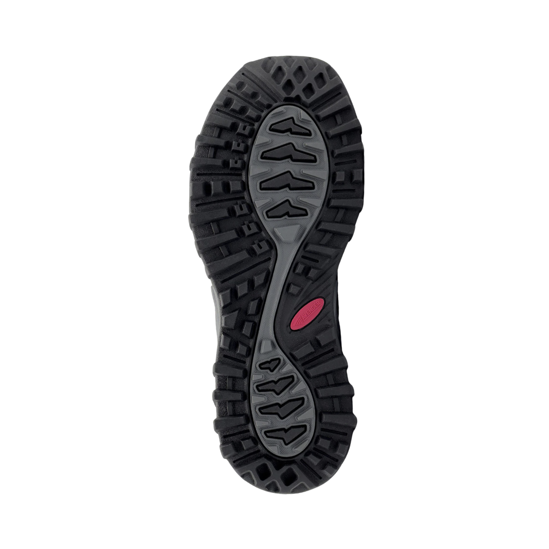 Bottom outsole view of the Avenger Women’s Aero Trail Composite Toe Athletic Shoe in Grey/Magenta featuring the slip-resistant rubber tread designed for traction on slick, oily, or uneven surfaces while providing stability and support for conditions such as plantar fasciitis, flat feet, overpronation, heel spurs, joint sensitivity, knee pain, and general foot fatigue.