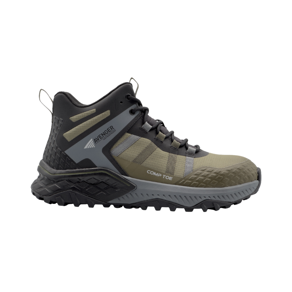 Avenger Men’s Aero Trail Mid Composite Toe Boot in Olive featuring a trail-inspired mid-height design, athletic mesh and synthetic upper, ASTM-rated composite safety toe, cushioned removable insole, puncture-resistant protection, and oil- and slip-resistant rubber outsole for lightweight jobsite performance.