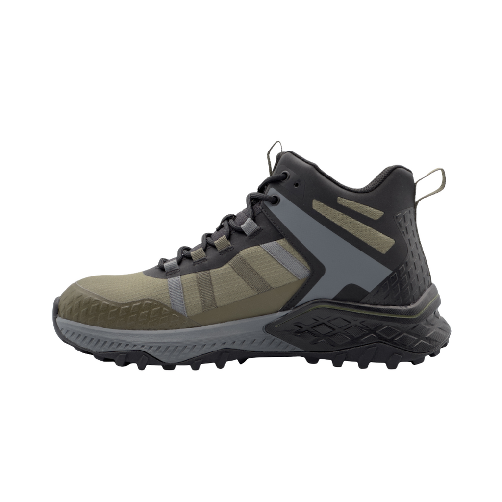 Avenger Men’s Aero Trail Mid Composite Toe Boot in Olive featuring a trail-inspired mid-height design, athletic mesh and synthetic upper, ASTM-rated composite safety toe, cushioned removable insole, puncture-resistant protection, and oil- and slip-resistant rubber outsole for lightweight jobsite performance.