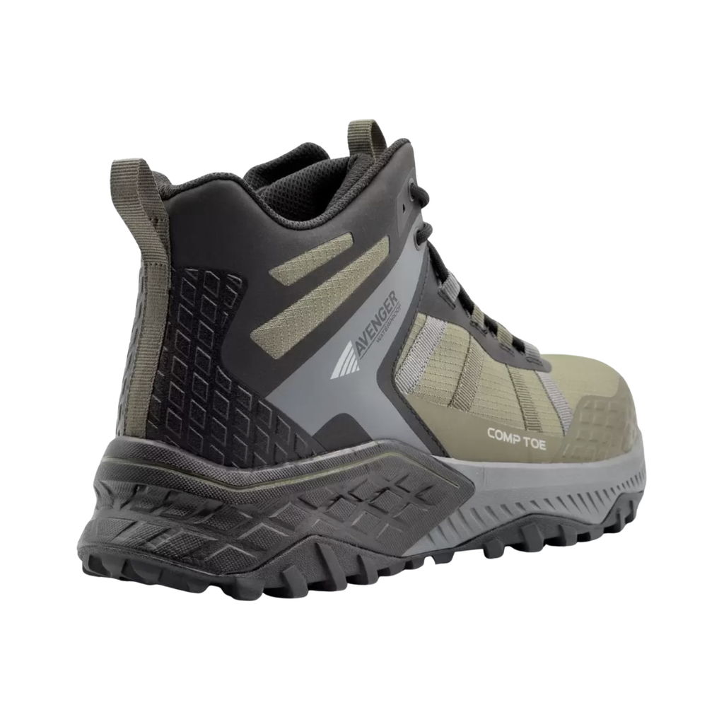 Back heel view of the Avenger Men’s Aero Trail Mid Composite Toe Boot in Olive highlighting the supportive mid-height ankle design, padded heel structure, electrical hazard protection, and durable outsole construction for stability and comfort during long workdays.