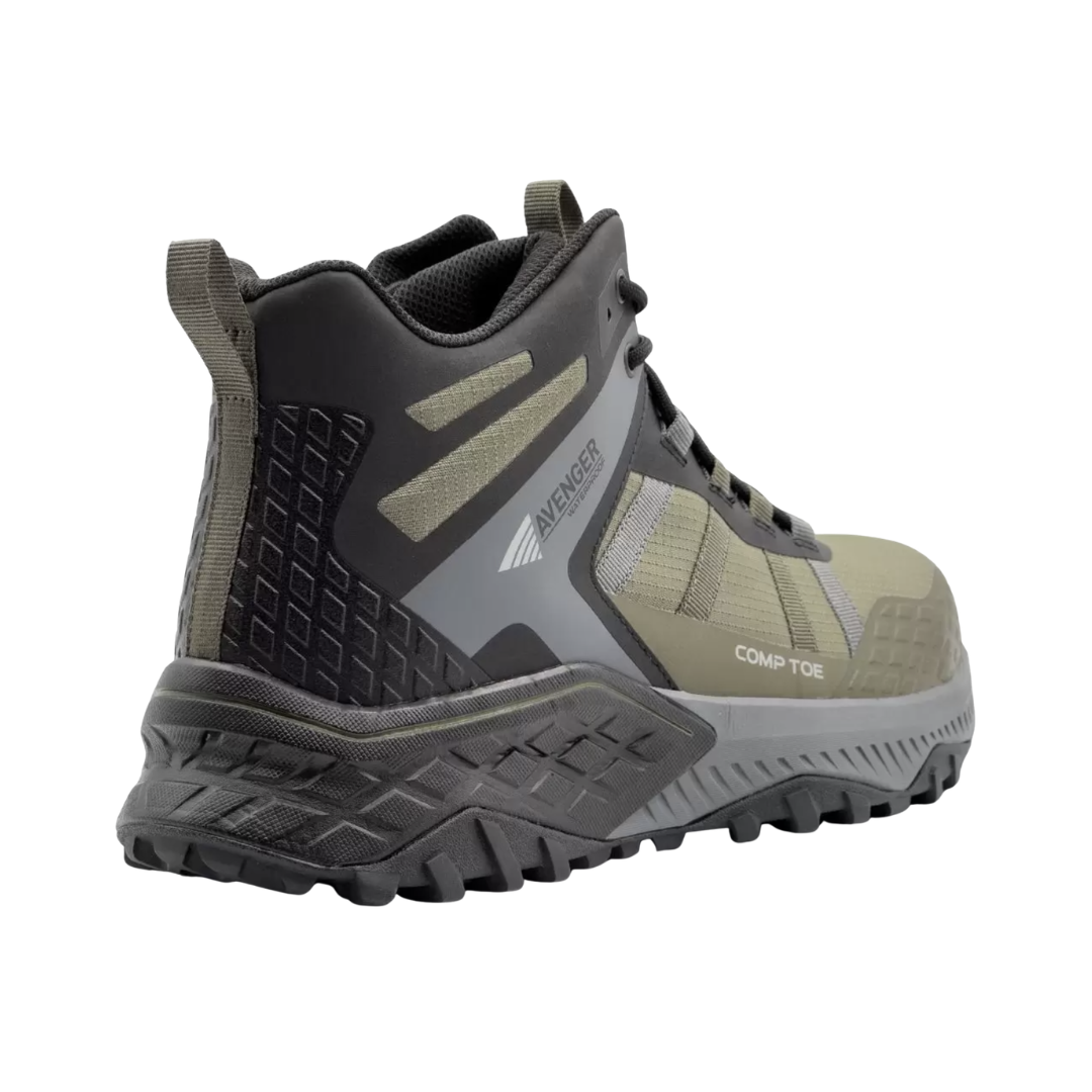 Back heel view of the Avenger Men’s Aero Trail Mid Composite Toe Boot in Olive highlighting the supportive mid-height ankle design, padded heel structure, electrical hazard protection, and durable outsole construction for stability and comfort during long workdays.