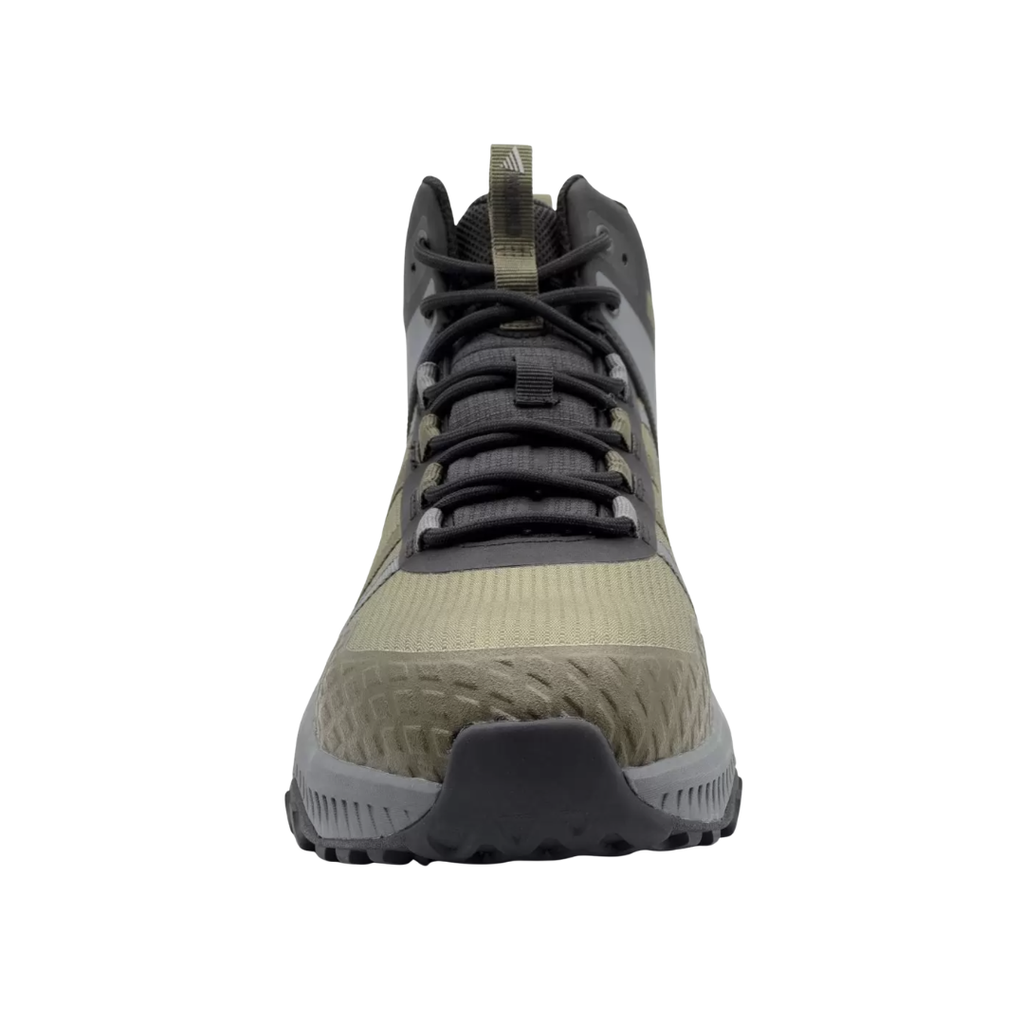 Front view of the Avenger Men’s Aero Trail Mid Composite Toe Boot in Olive showcasing the protective composite toe, breathable athletic construction, reinforced toe area, and supportive fit designed for warehouses, light industrial work, outdoor jobsites, and active work environments.