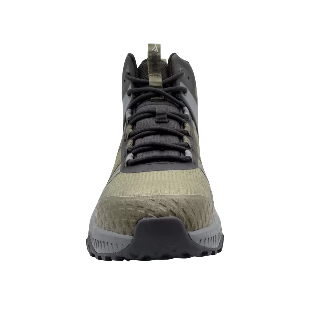 Front view of the Avenger Men’s Aero Trail Mid Composite Toe Boot in Olive showcasing the protective composite toe, breathable athletic construction, reinforced toe area, and supportive fit designed for warehouses, light industrial work, outdoor jobsites, and active work environments.