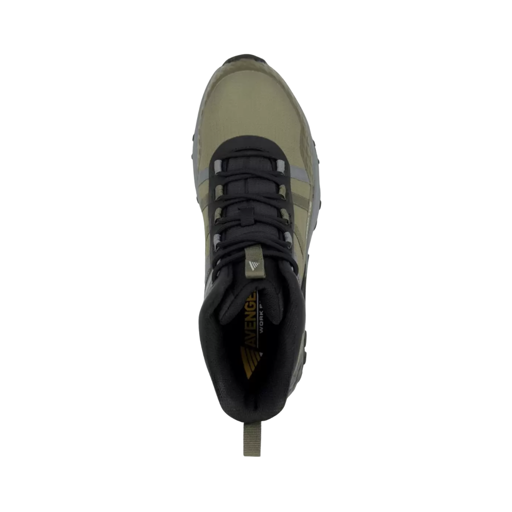 Top view of the Avenger Men’s Aero Trail Mid Composite Toe Boot in Olive displaying the breathable mesh and synthetic upper, secure lace-up closure, lightweight materials, padded collar, and removable cushioned insole designed for arch support and shock absorption.