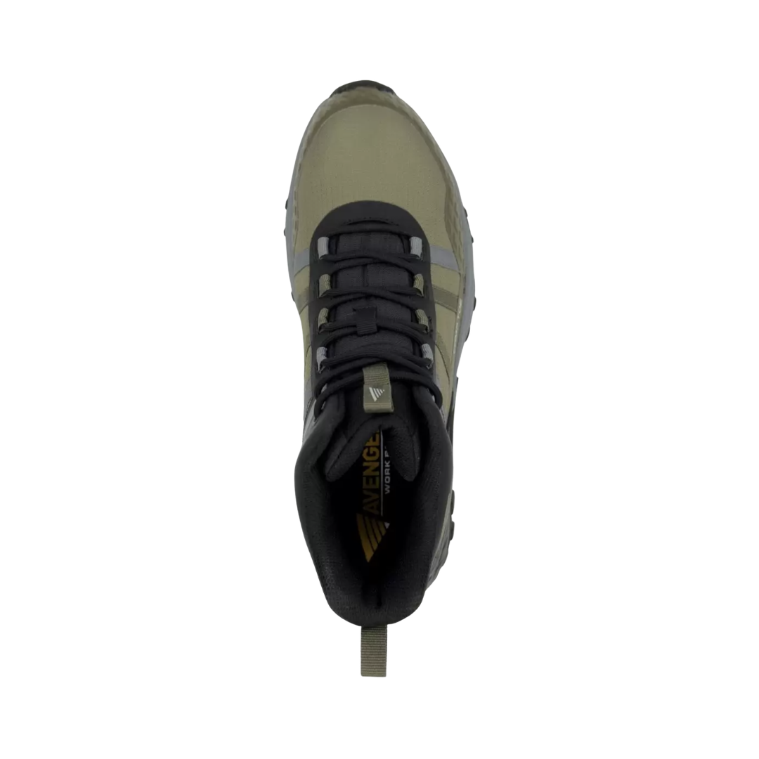Top view of the Avenger Men’s Aero Trail Mid Composite Toe Boot in Olive displaying the breathable mesh and synthetic upper, secure lace-up closure, lightweight materials, padded collar, and removable cushioned insole designed for arch support and shock absorption.