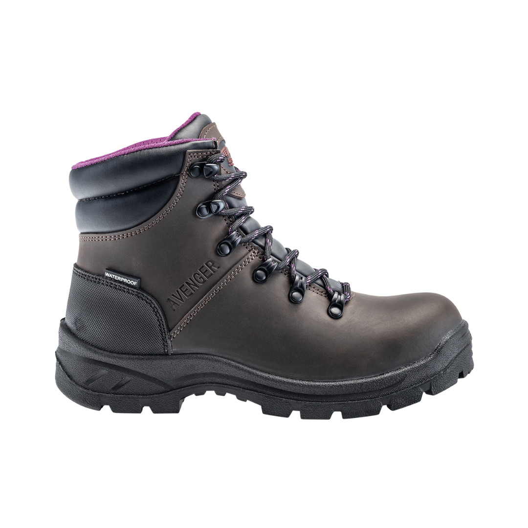 Side view of the Avenger Women’s Builder Steel Toe Boot in Brown featuring a durable full-grain leather upper, ASTM-rated steel safety toe, direct attach construction, removable dual-density cushioned insole, and slip- & oil-resistant rubber outsole built for demanding construction, warehouse, and industrial work environments.