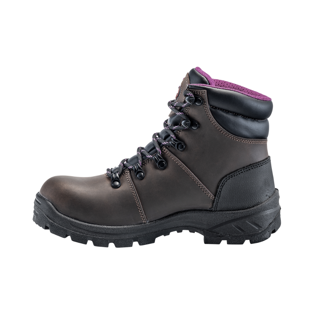 Side view of the Avenger Women’s Builder Steel Toe Boot in Brown featuring a durable full-grain leather upper, ASTM-rated steel safety toe, direct attach construction, removable dual-density cushioned insole, and slip- & oil-resistant rubber outsole built for demanding construction, warehouse, and industrial work environments.