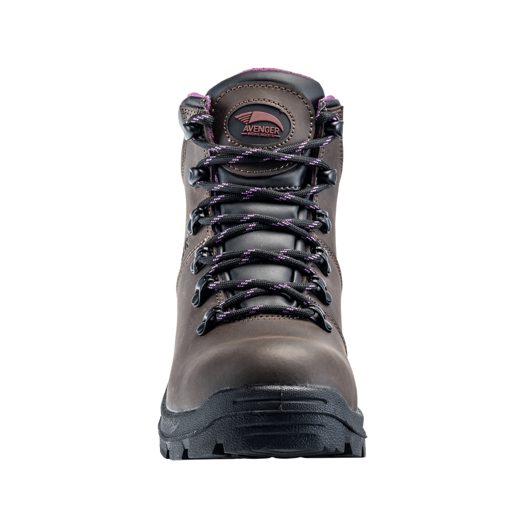 Front view of the Avenger Women’s Builder Steel Toe Boot in Brown showcasing the protective ASTM-rated steel safety toe, reinforced leather toe construction, and durable work boot design created for dependable protection, comfort, and additional forefoot space during long workdays.