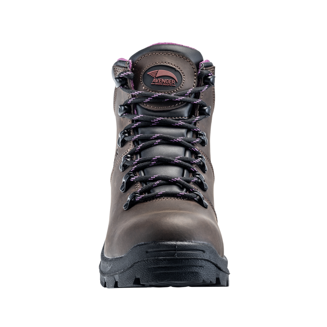 Front view of the Avenger Women’s Builder Steel Toe Boot in Brown showcasing the protective ASTM-rated steel safety toe, reinforced leather toe construction, and durable work boot design created for dependable protection, comfort, and additional forefoot space during long workdays.