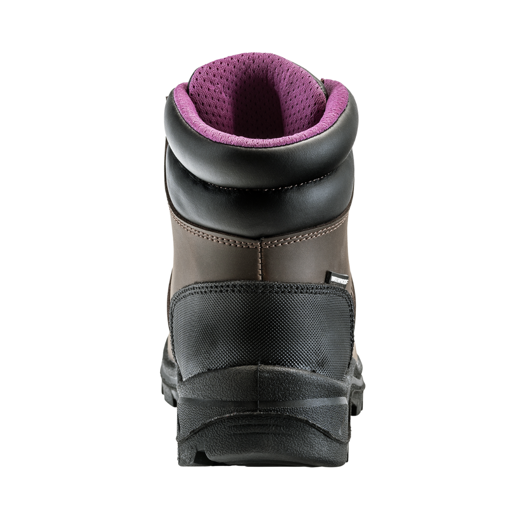 Back heel view of the Avenger Women’s Builder Steel Toe Boot in Brown highlighting the supportive ankle design, reinforced heel construction, moisture-wicking mesh lining, and stable outsole platform engineered for enhanced durability, stability, and all-day comfort.