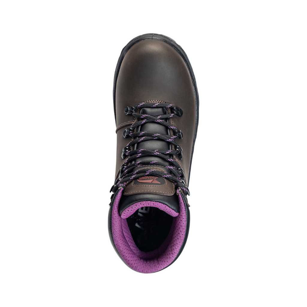 Top view of the Avenger Women’s Builder Steel Toe Boot in Brown displaying the premium full-grain leather upper, lace-up closure, padded collar, breathable moisture-wicking mesh lining, and removable dual-density cushioned insole designed for shock absorption, arch support, and custom orthotic compatibility.