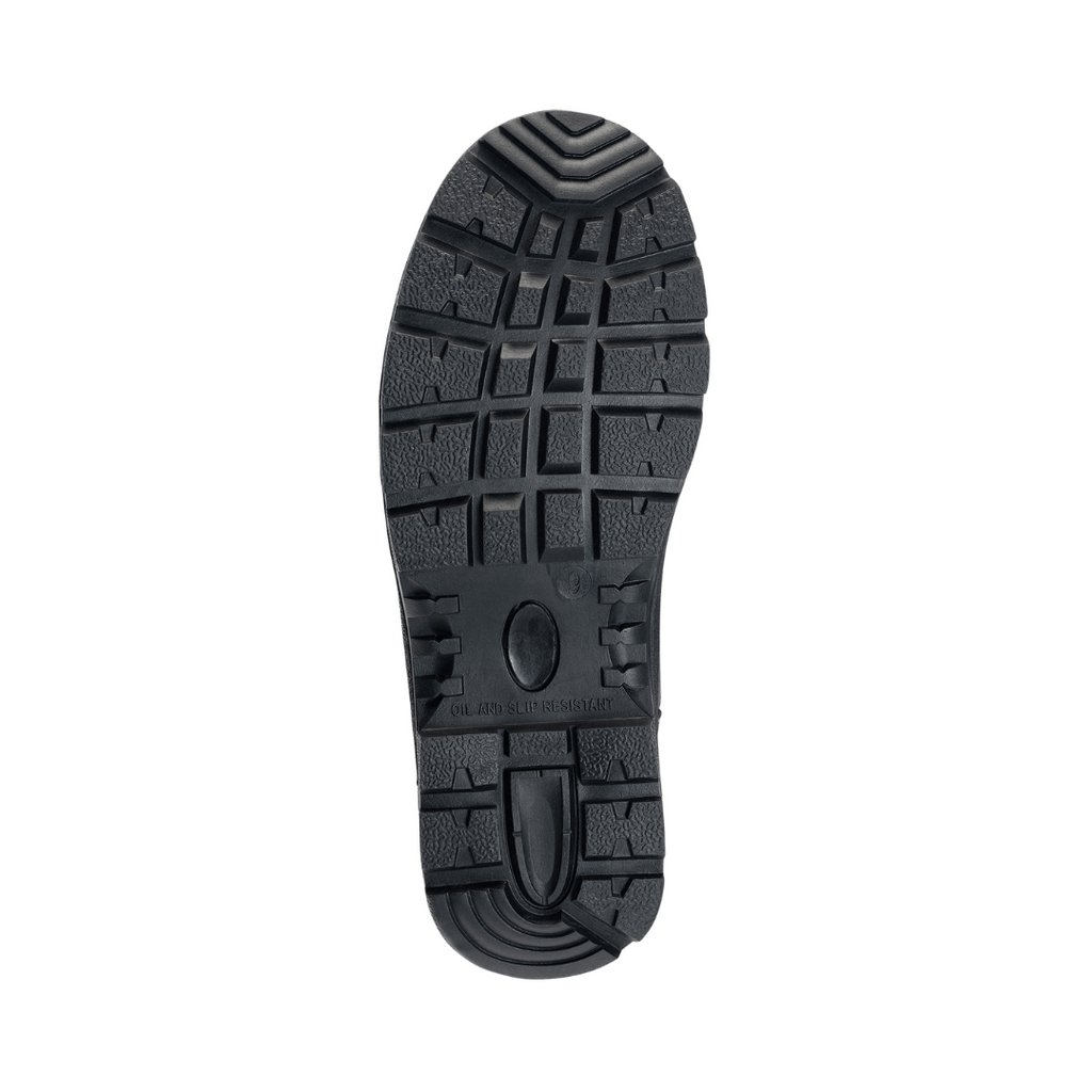 Bottom outsole view of the Avenger Women’s Builder Steel Toe Boot in Brown featuring the durable slip- & oil-resistant rubber outsole engineered for dependable traction and stability on slick or uneven surfaces while supporting conditions such as plantar fasciitis, heel pain, flat feet, overpronation, joint pain, knee pain, mild bunions, sensitive feet, and general foot fatigue.