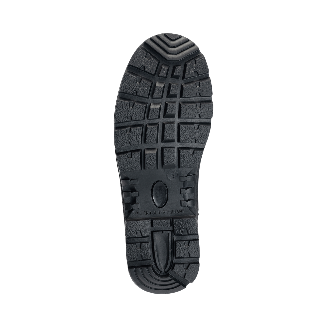 Bottom outsole view of the Avenger Women’s Builder Steel Toe Boot in Brown featuring the durable slip- & oil-resistant rubber outsole engineered for dependable traction and stability on slick or uneven surfaces while supporting conditions such as plantar fasciitis, heel pain, flat feet, overpronation, joint pain, knee pain, mild bunions, sensitive feet, and general foot fatigue.