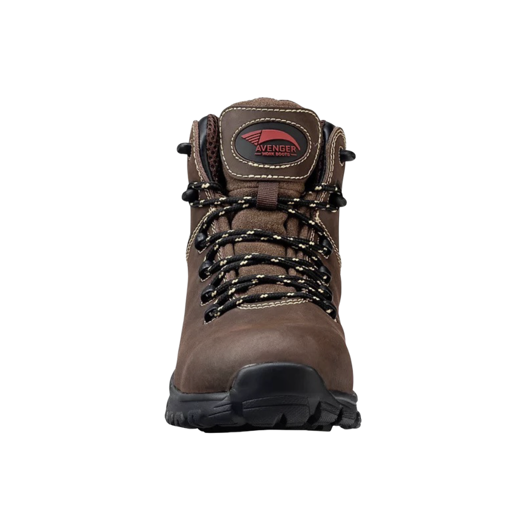 Front view of the Avenger Women’s Flight 6" Aluminum Toe Boot in Brown showcasing the lightweight low-profile aluminum safety toe, durable waterproof leather construction, reinforced toe protection, and women-specific fit designed for comfort, protection, and reduced foot fatigue during demanding workdays.