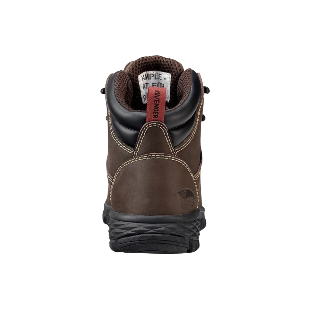 Back heel view of the Avenger Women’s Flight 6" Aluminum Toe Boot in Brown highlighting the supportive ankle-height design, reinforced heel structure, waterproof membrane, shock-absorbing EVA midsole, and stable outsole for lasting comfort and performance on job sites.