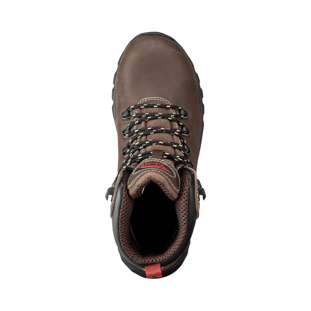 Top view of the Avenger Women’s Flight 6" Aluminum Toe Boot in Brown displaying the full-grain leather upper, secure lace-up closure, padded collar, removable PU comfort insole, and breathable waterproof construction designed for personalized support and all-day cushioning.
